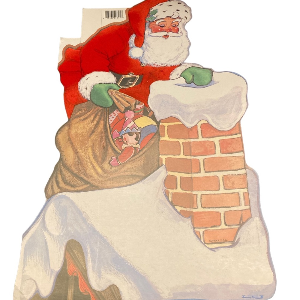 Vintage Christmas Santa On Roof Eureka USA Die Cut Flocked Toys Chimney